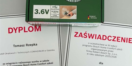 Dyplom za osiągnięcie najlepszego wyniku w szkole w XII edycji programu Bosch Home Comfort Szkoły
